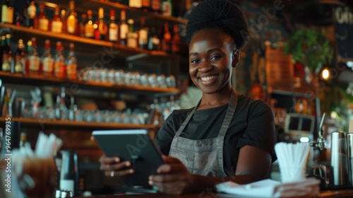 A woman holds a tablet computer while wearing an apron, ready for work or creative tasks