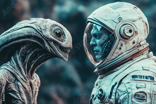 First Contact: An astronaut faces an alien creature in a tense moment, their eyes locked in a silent exchange of curiosity and fear. photo