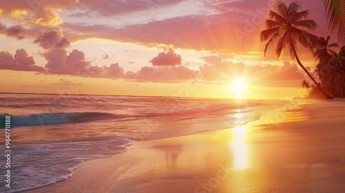 A beautiful sunset over the ocean with a palm tree in the background