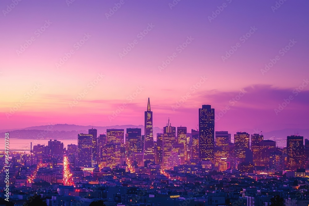 Fototapeta premium San Francisco's Skyline Glows with Twilight Hues, a Captivating Blend of Light and Color.