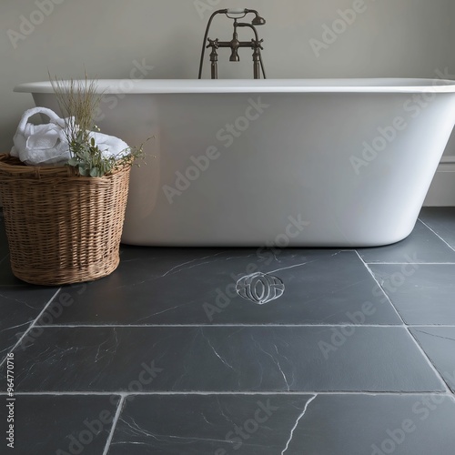 Editorial photo of a black slate floor in a bathroom with a white bathtub, basket, towels, and light grey walls.