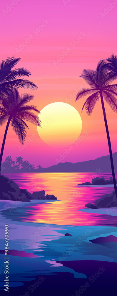 Fototapeta premium beach with palm trees by the ocean at sunset, yellow, red, pink and purple colors, generative AI