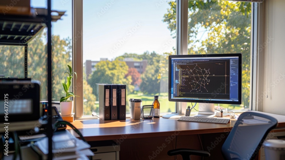 Fototapeta premium Laboratory Desk with Data Analysis on Laptop