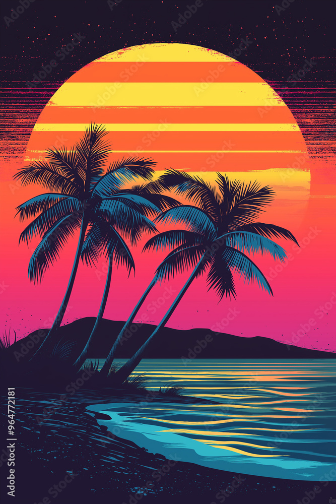 Naklejka premium beach with palm trees by the ocean at sunset, yellow, red, pink and purple colors, generative AI