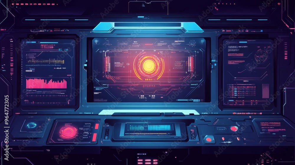 Futuristic control panel with vibrant digital interface, holographic display, and data visualization, ideal for sci-fi or technology themes. Futuristic control panel with vibrant digital interface, holographic display, and data visualization, ideal for sci-fi or technology themes.