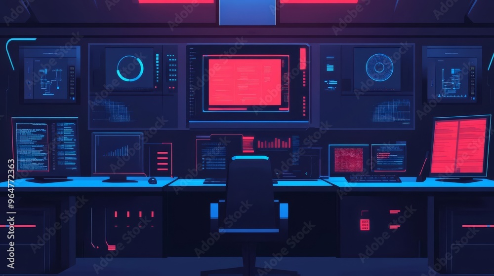 Futuristic control room with multiple screens and advanced technology, perfect for cyber security or sci-fi themed projects. Futuristic control room with multiple screens and advanced technology, perfect for cyber security or sci-fi themed projects.
