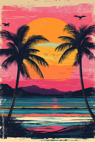 beach with palm trees by the ocean at sunset, yellow, red, pink and purple colors, generative AI