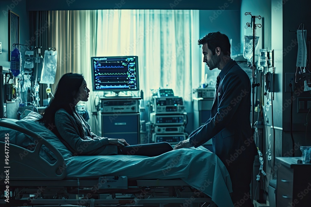 Fototapeta premium A Detective's Solemn Visit: A woman lies in a hospital bed, her gaze fixed on the detective who stands beside her, a sense of urgency filling the room.