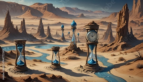 A surreal desert landscape featuring gigantic hourglasses of different sizes and a winding river cutting through the arid terrain, evoking a sense of time and mystery. photo