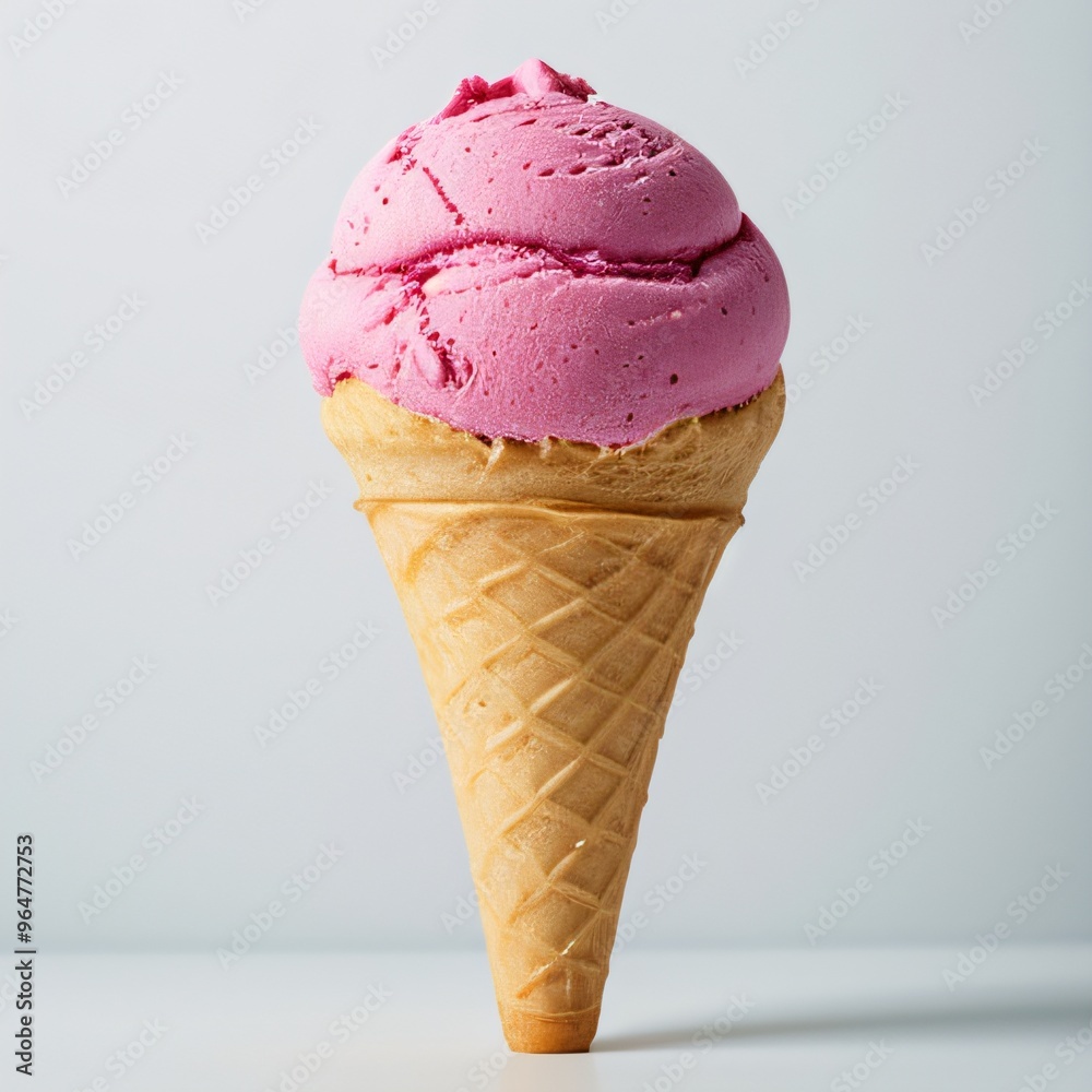 Pink soft serve ice cream in a cone on white background.. Pink soft serve ice cream in a cone on white background..