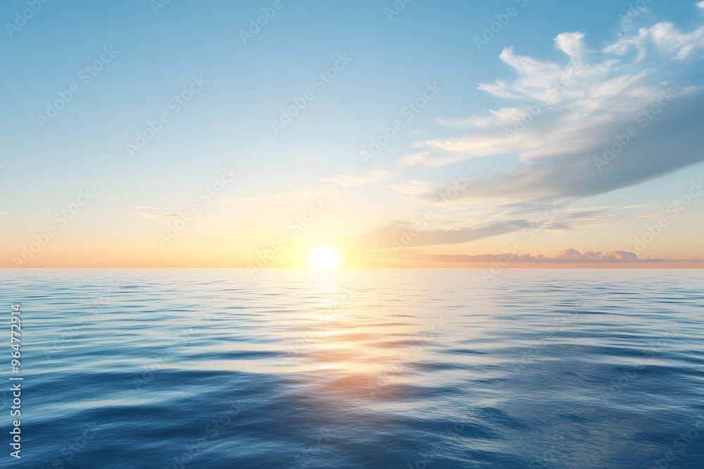 Obraz premium Sunrise over calm ocean waters with gentle waves and clear blue sky. Generative AI