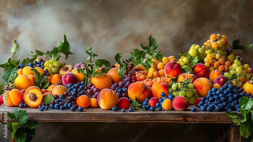 A table piled high with fresh, colorful fruits. Apricots, peaches, blueberries, and more – a healthy and delicious mix! There's even space for a note or recipe. A table piled high with fresh, colorful fruits. Apricots, peaches, blueberries, and more – a healthy and delicious mix! There's even space for a note or recipe.