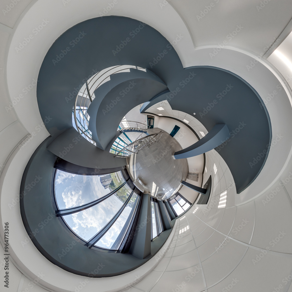 Fototapeta premium abstractly twisted into spherical 360 panorama interior of modern office with hall staircase and panoramic windows