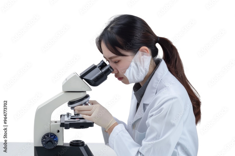 A scientist examines a microscope, likely studying microscopic samples or conducting research A scientist examines a microscope, likely studying microscopic samples or conducting research
