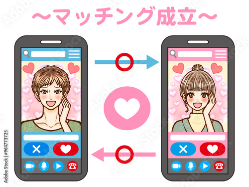 携帯でマッチングアプリする男女の画面イラスト素材3