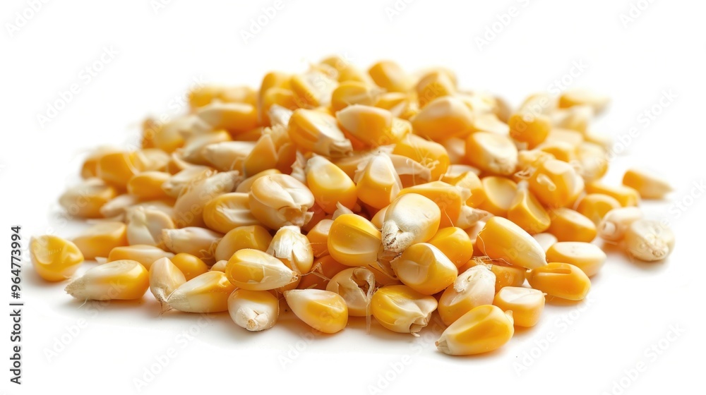 Freshly harvested corn piled high on a white surface, perfect for decoration or photography prop Freshly harvested corn piled high on a white surface, perfect for decoration or photography prop
