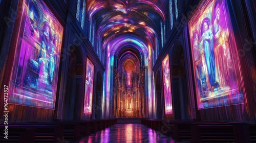 Neon-lit virtual chapel with digital frescoes