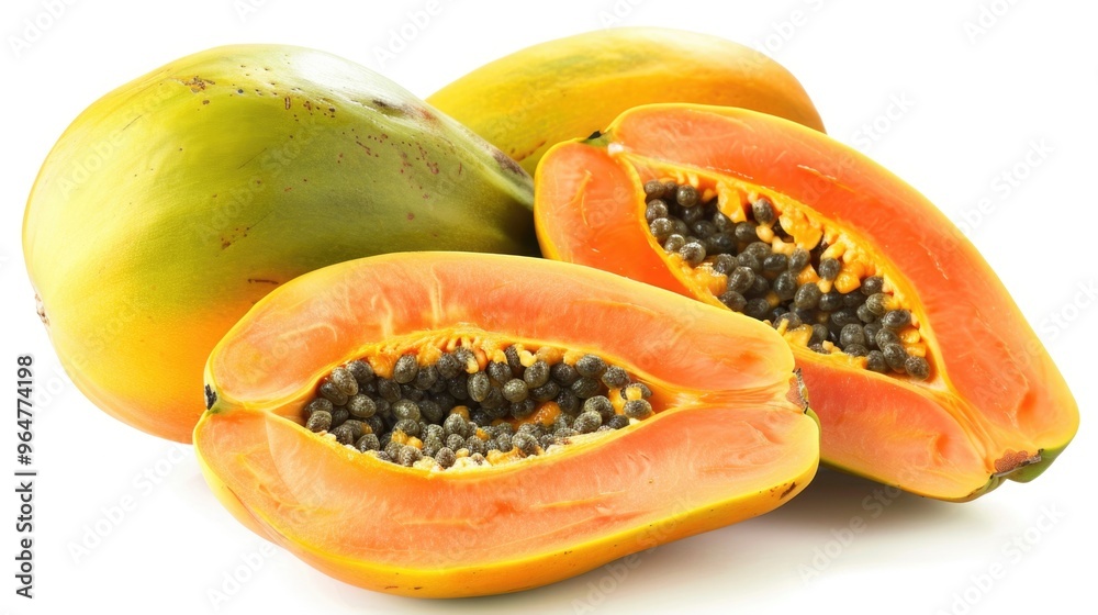 Fresh papayas sliced in two, ideal for fruit arrangements or as a prop in still-life photography Fresh papayas sliced in two, ideal for fruit arrangements or as a prop in still-life photography