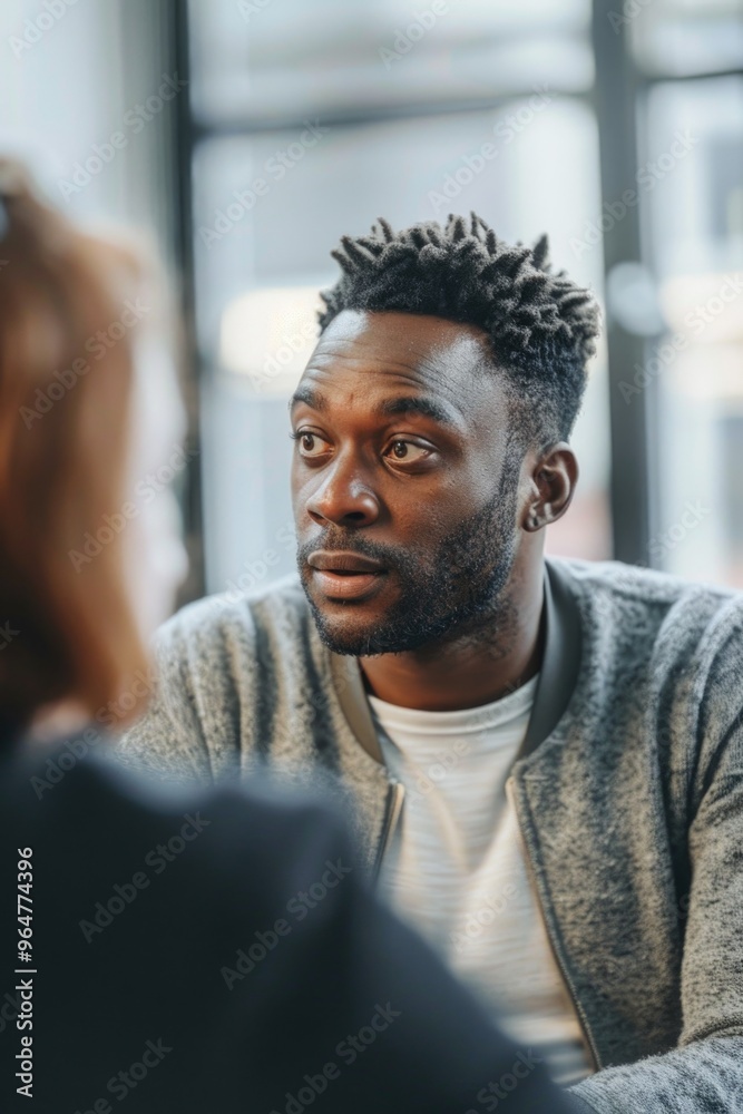 A person sits at a table conversing with someone, possibly discussing a topic or sharing information A person sits at a table conversing with someone, possibly discussing a topic or sharing information