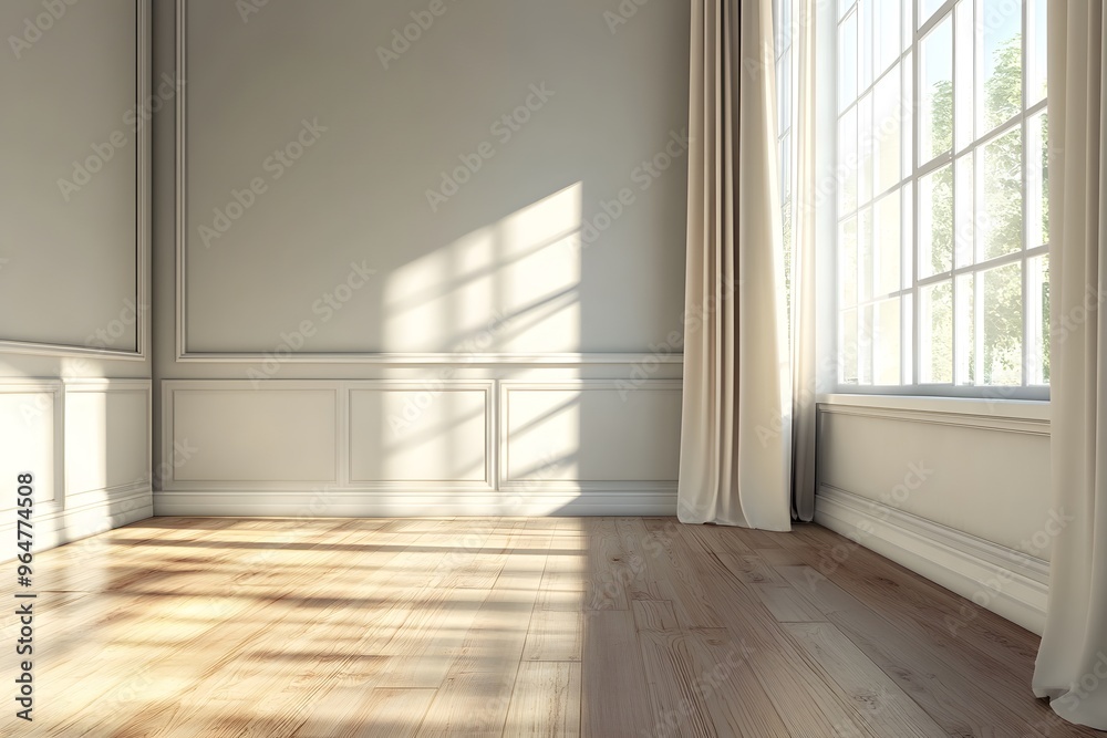 Obraz premium Sunlight streaming through large windows in a bright, empty room with wooden floors. Generative AI