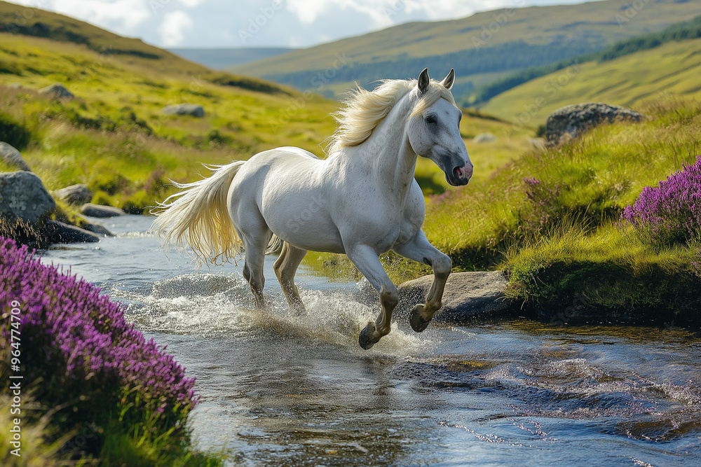 a beautiful white horse runs galloping across a river in a heather meadow on hills on mountains on a beautiful sunny day, wallpaper, generative AI a beautiful white horse runs galloping across a river in a heather meadow on hills on mountains on a beautiful sunny day, wallpaper, generative AI