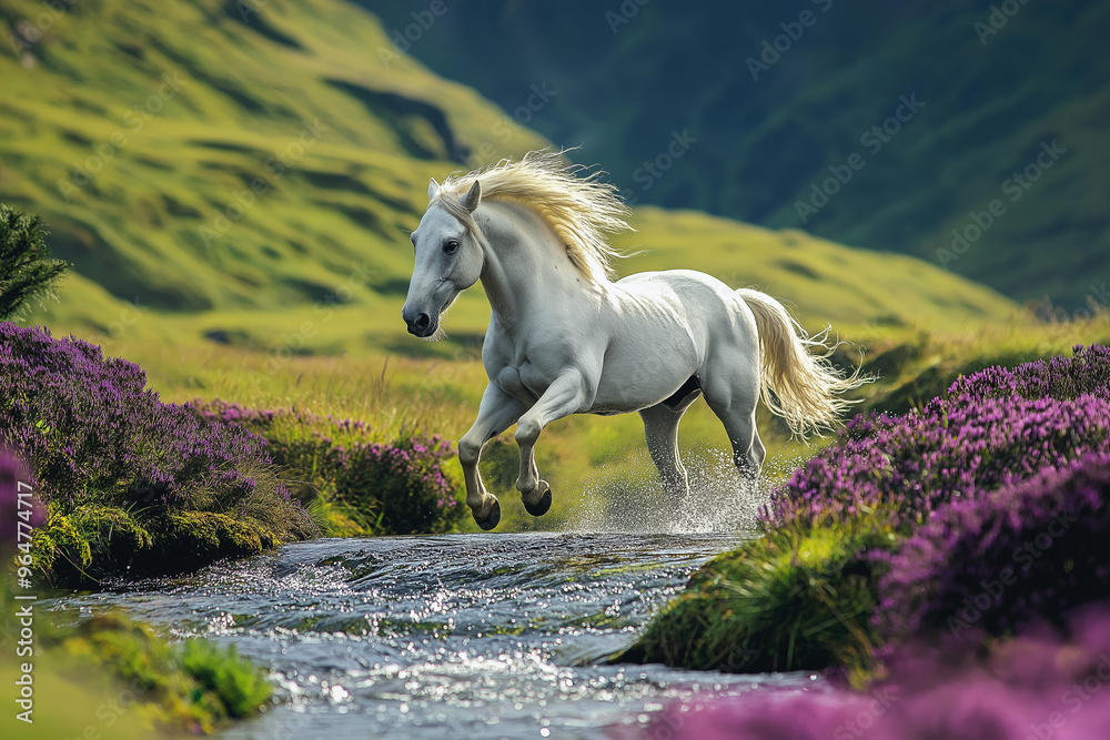 a beautiful white horse runs galloping across a river in a heather meadow on hills on mountains on a beautiful sunny day, wallpaper, generative AI a beautiful white horse runs galloping across a river in a heather meadow on hills on mountains on a beautiful sunny day, wallpaper, generative AI