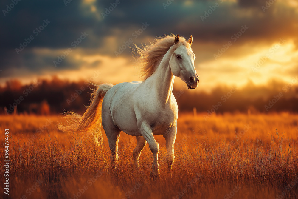 a beautiful white horse runs galloping across the meadow at sunset, wallpaper, genetative AI a beautiful white horse runs galloping across the meadow at sunset, wallpaper, genetative AI