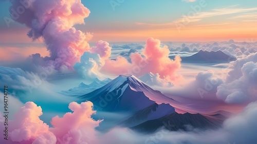 Vibrant and surreal landscape featuring a large mountain, clouds, and a gradient sky. 