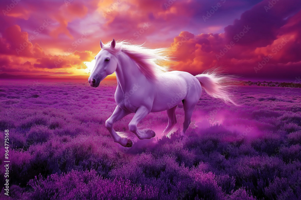 a beautiful white horse runs galloping across a purple heather meadow at sunset, wallpaper, generative AI a beautiful white horse runs galloping across a purple heather meadow at sunset, wallpaper, generative AI