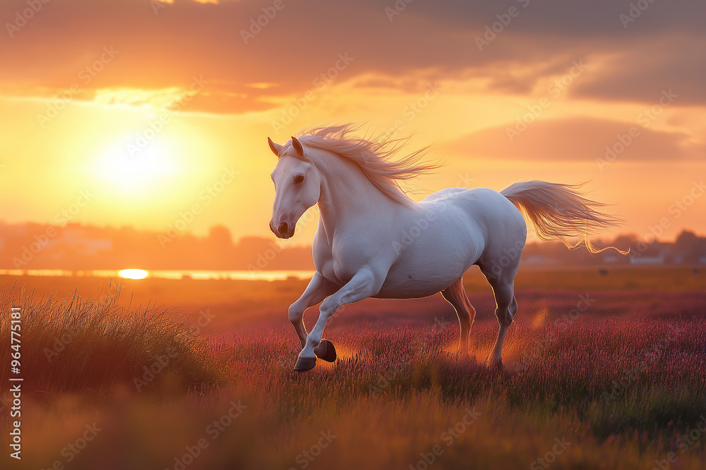 a beautiful white horse runs galloping across a purple heather meadow at sunset, wallpaper, generative AI a beautiful white horse runs galloping across a purple heather meadow at sunset, wallpaper, generative AI