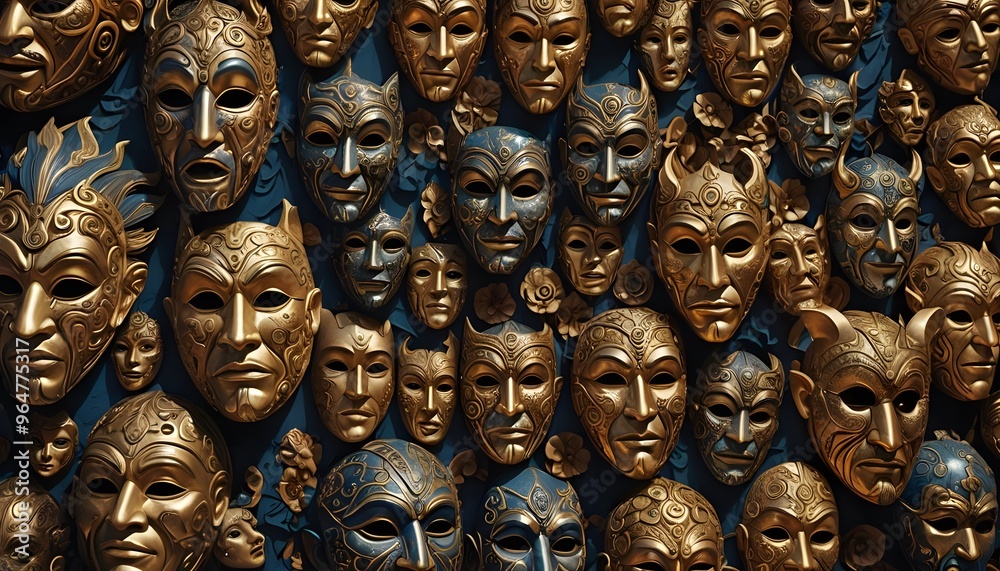 An ensemble of intricately designed masks, each presenting unique expressions and elaborate details, arranged artfully against a dark background, symbolizing mystery and diversity. An ensemble of intricately designed masks, each presenting unique expressions and elaborate details, arranged artfully against a dark background, symbolizing mystery and diversity.