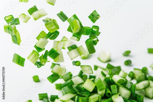 Freshly cut green onions on a clean white surface, great for cooking or photography photo