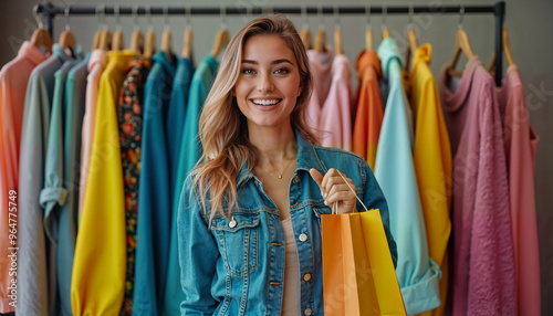 A happy middle-aged woman smiles brightly while holding shopping bags in a colorful boutique. This image is perfect for promoting retail, fashion, and lifestyle content aimed at women