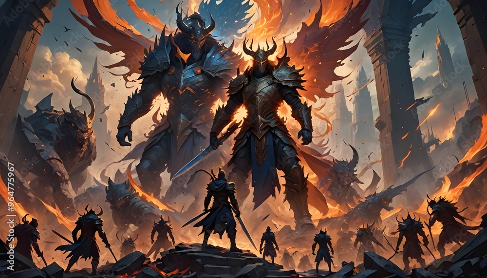 An intense fantasy scene of warriors clashing with enormous demonic figures amidst blazing fires and ancient ruins, portraying a fierce and epic battle in a chaotic setting. An intense fantasy scene of warriors clashing with enormous demonic figures amidst blazing fires and ancient ruins, portraying a fierce and epic battle in a chaotic setting.