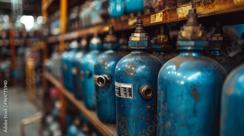Lot of cylinders combined in gas ramp. Cylinders for compressed gas.