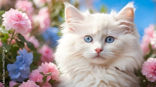 adorable white, fluffy Ragdoll or Turkish Angora kitten. Lovely blue-eyed cat on a sunny day. background including flowers and a pet. Springtime