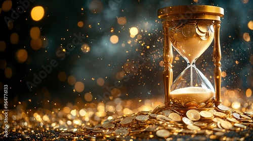   An hourglass rests atop a mound of golden coins, framed by a hazy backdrop of similar coins photo