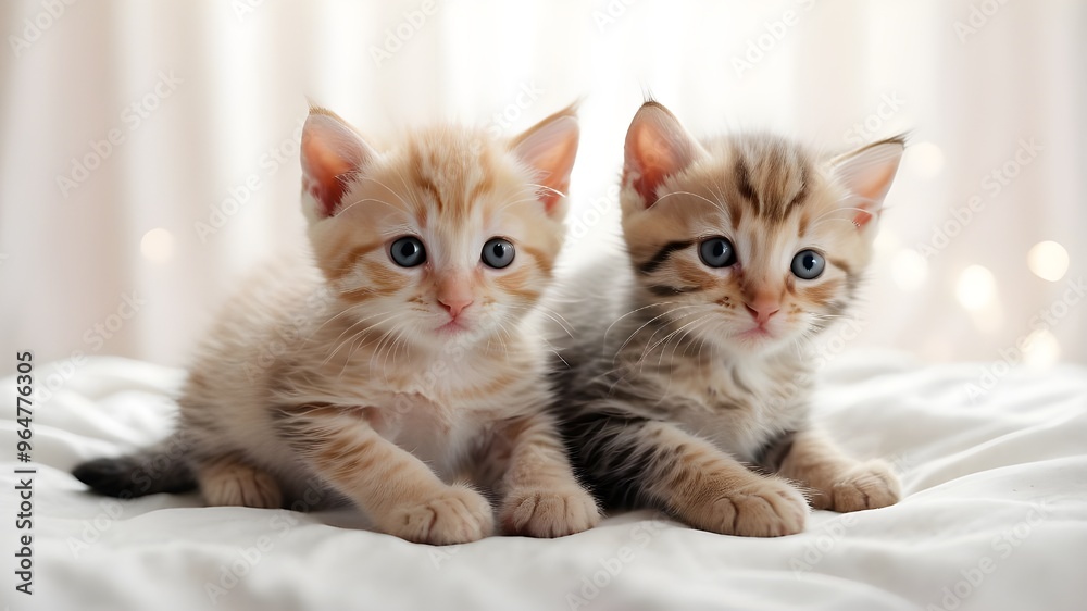 Two adorable, stripped kittens curled up on a pale colored bed. Cute kittens embracing one another on a white surface. AI-generated image. Two adorable, stripped kittens curled up on a pale colored bed. Cute kittens embracing one another on a white surface. AI-generated image.