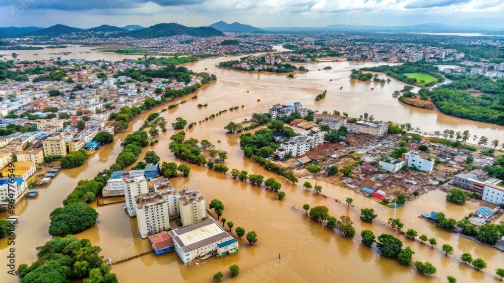 Aerial view of flood-affected Vijayawada revealing extensive water coverage. Generative AI Aerial view of flood-affected Vijayawada revealing extensive water coverage. Generative AI