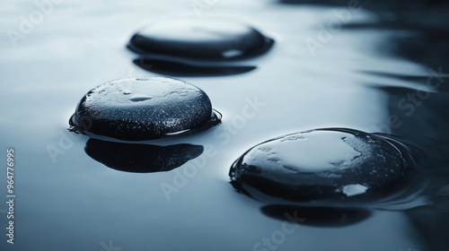 Smooth, still water reflecting the dark, smooth stones. Perfect for relaxation and wellbeing. photo