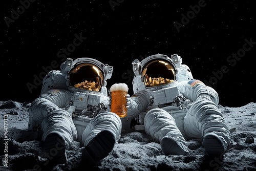 In this whimsical image, two astronauts in full spacesuits are joyfully toasting with beer glasses while sitting on the Moon, blending elements of space exploration and human celebration.