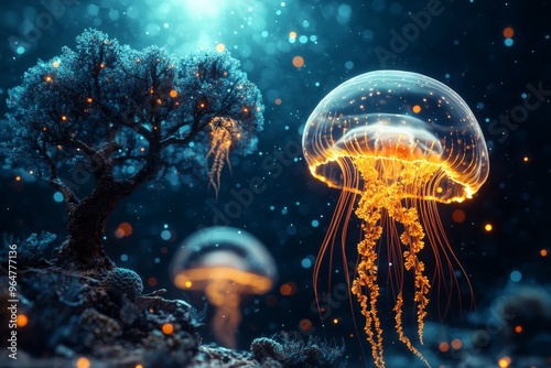 This mesmerizing underwater scene features bioluminescent jellyfish glowing brightly amidst a dark, aquatic environment, accompanied by a beautifully illuminated underwater tree. photo