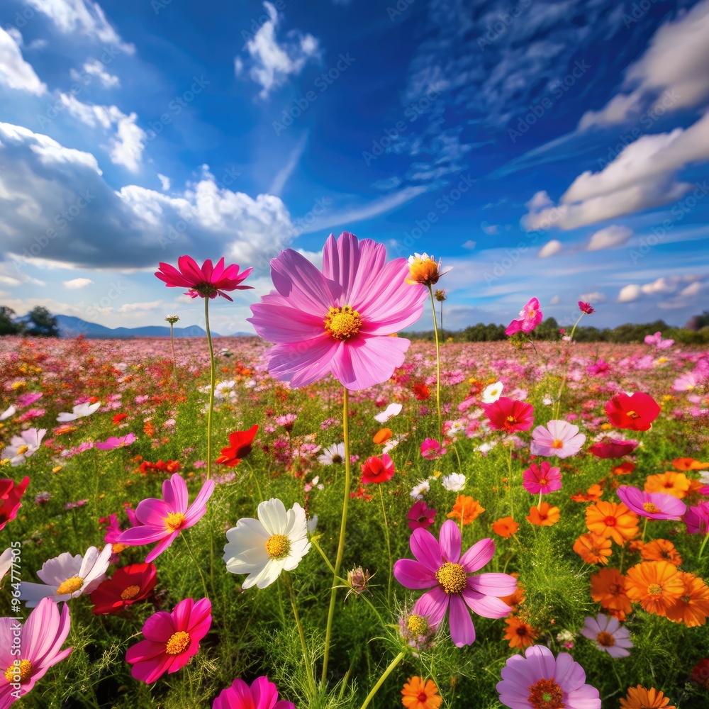A vibrant field of gesang flowers blooming under a clear blue sky. Generative AI A vibrant field of gesang flowers blooming under a clear blue sky. Generative AI