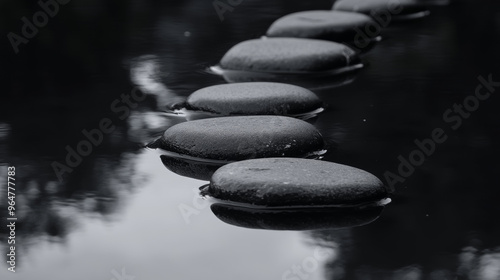 Smooth, still water reflecting the dark, smooth stones. Perfect for relaxation and wellbeing. photo