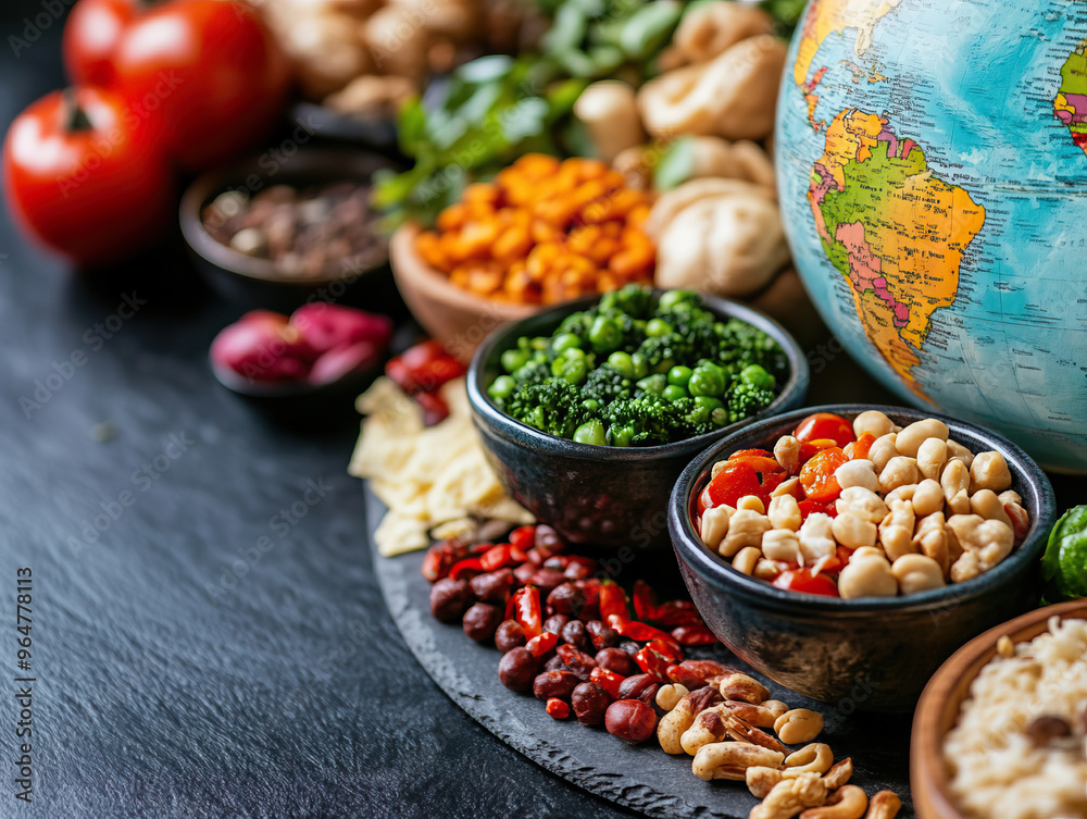 Colorful arrangement of various healthy foods next to a globe, representing world cuisine and diverse nutrition. Colorful arrangement of various healthy foods next to a globe, representing world cuisine and diverse nutrition.