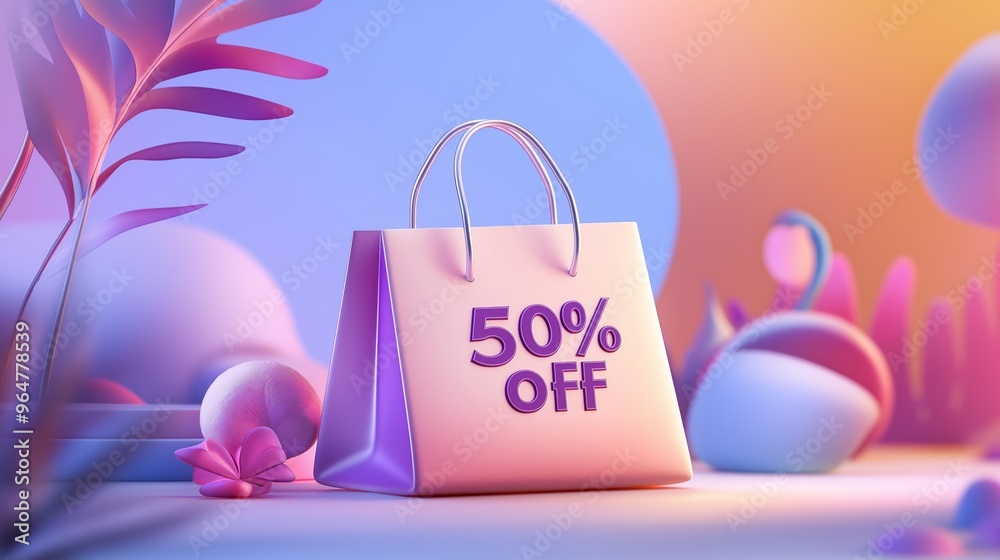 Vibrant shopping bag with 50 percent off label, colorful abstract background. ideal for retail promotions. Vibrant shopping bag with 50 percent off label, colorful abstract background. ideal for retail promotions.