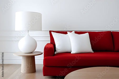 Contemporary Living Space Featuring a Bold Red Sofa with White Pillows | Modern Interior Design with Stylish Color Contrast