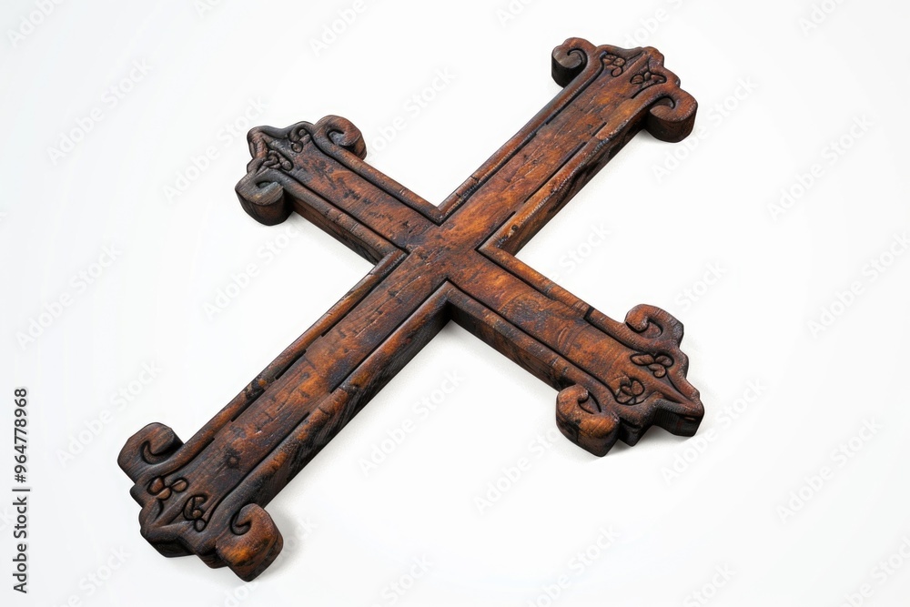 Simple wooden cross placed on a plain white surface Simple wooden cross placed on a plain white surface