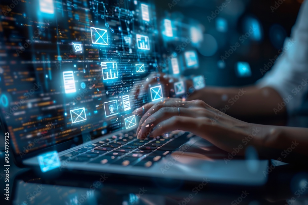 A modern workspace with a person's hands typing on a laptop keyboard, futuristic translucent document icons floating above the screen A modern workspace with a person's hands typing on a laptop keyboard, futuristic translucent document icons floating above the screen