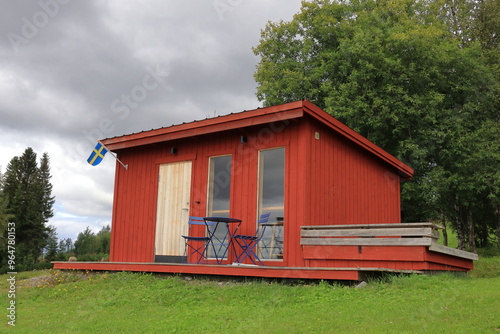 Building or wooden cabin at the Swedish countryside. August 2024. Jämtland, Sweden, Europe.